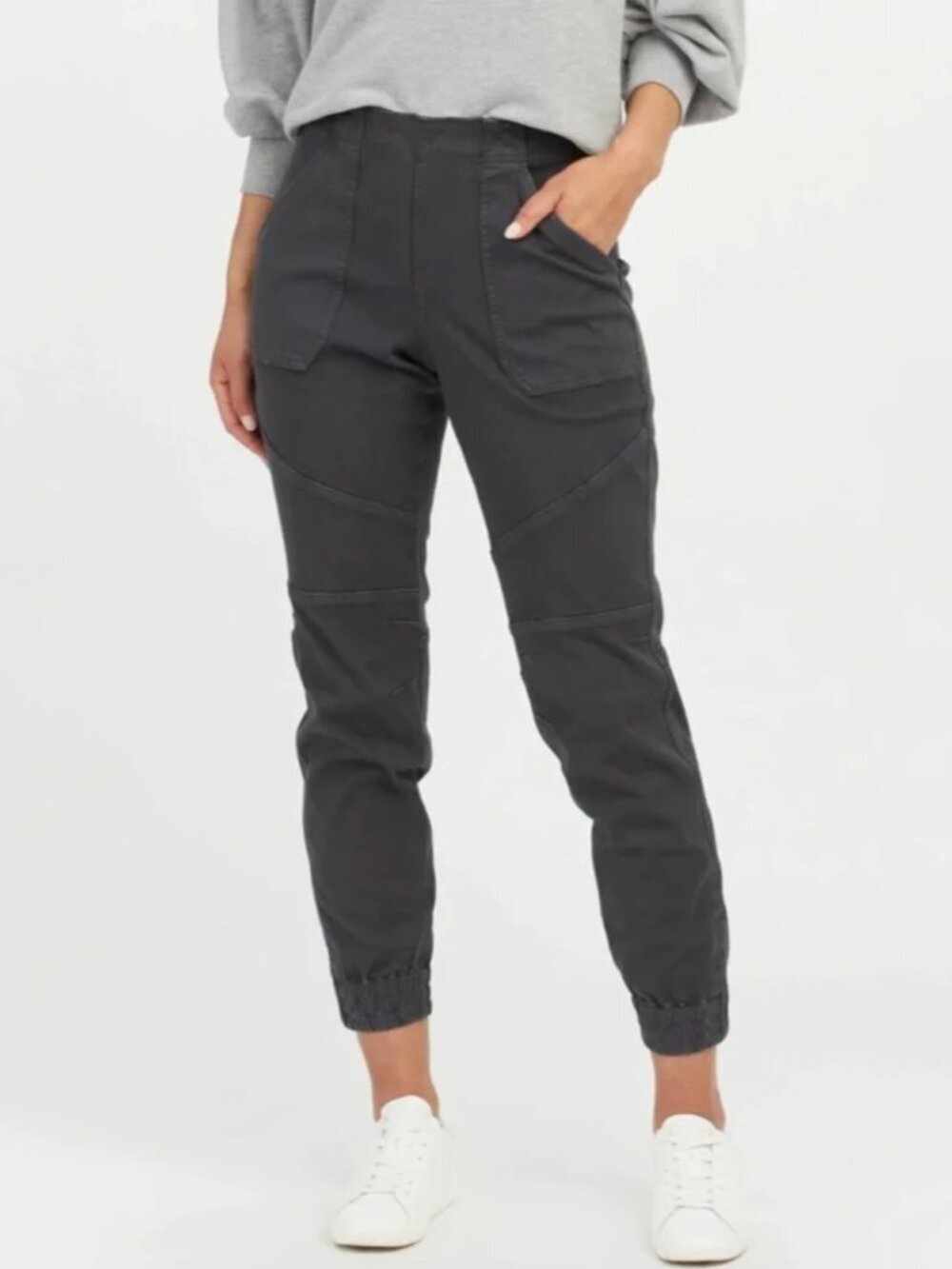 SPANX Stretch Twill Cargo Jogger Pull On Stretched Pants Grey Black, Large